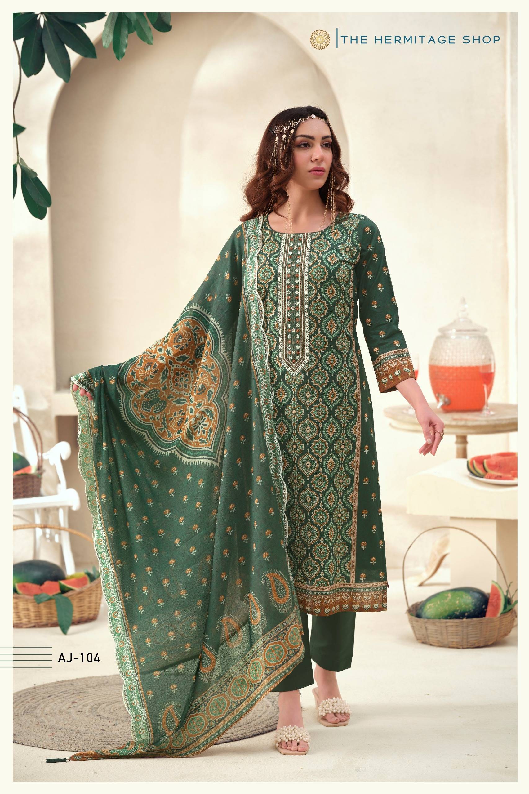 AJRAKH VOL 1 By THE HERMITAGE SHOP  101 To 104 Series Designer Suits FINEST LAWN COTTON Dresses At Wholesale Price